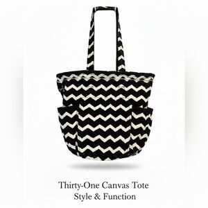 [Thirty-One] Retro Metro Black White Chevron Print Canvas Double Handle Tote